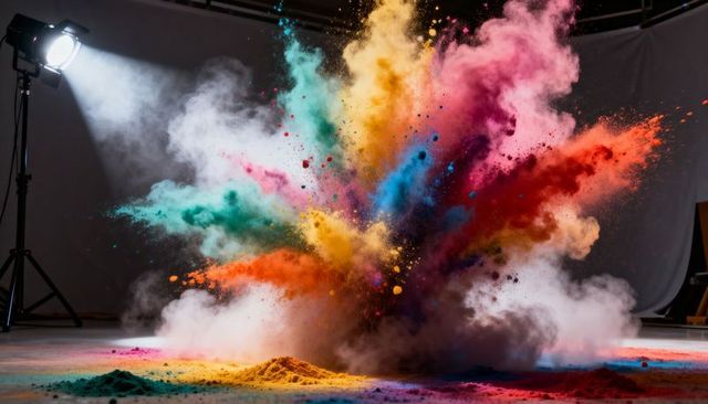 Exploding Color Powder Cloud in Studio with Dramatic Spotlight and Vivid Multicolor Plumes