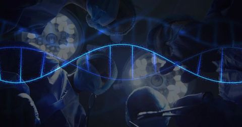 Surgical Team Operates with DNA Helix Overlay