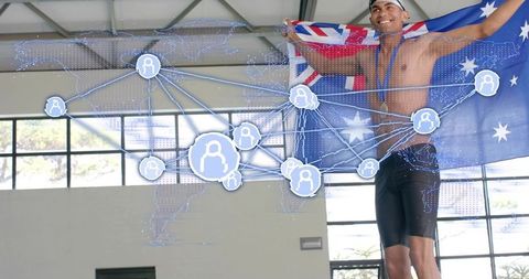Celebrating australian swimming victory holding flag and medal with global network overlay