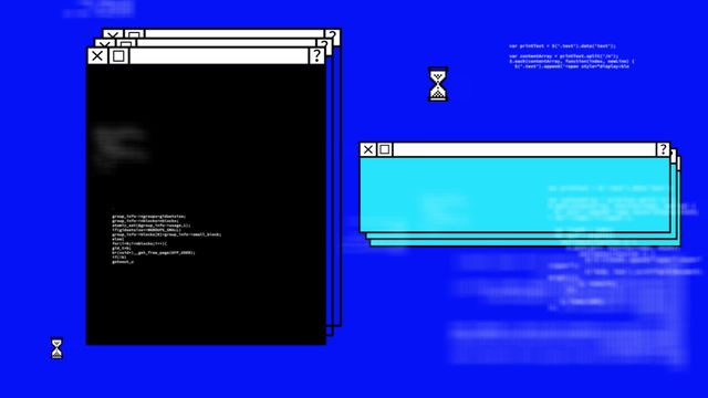 Depicts retro digital interface with file windows and hourglass icon over blue and black backgrounds. Perfect for articles or content on digital design, programming, or social media concepts. Can be used in presentations on global communication networks or illustrative videos on vintage computer technology.