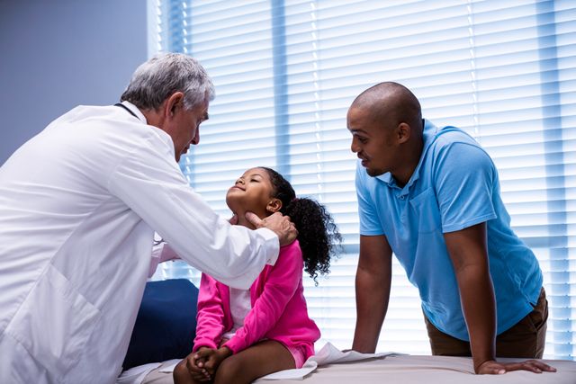 Doctor examining young girl's neck while concerned parent watches in clinic. Useful for healthcare, pediatric care, family health, medical consultations, and doctor-patient relationship themes.