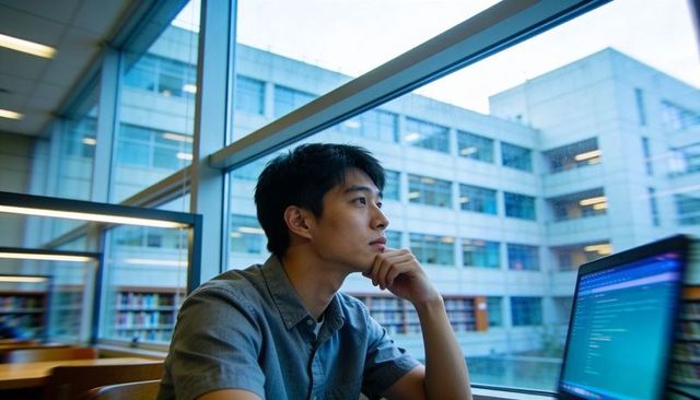 Gazing student contemplating code at window table in university library with laptop