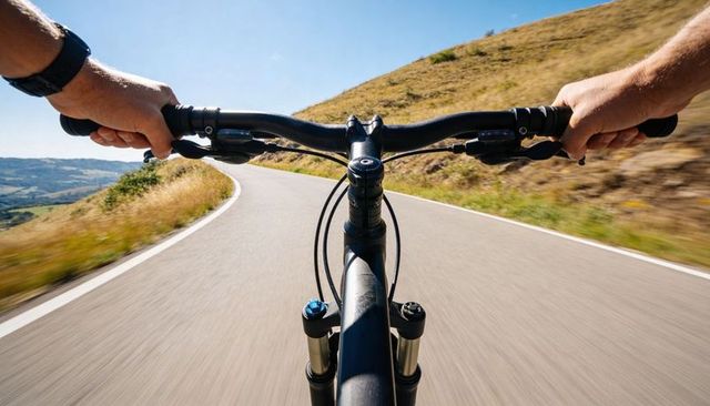First-Person Mountain Bike Descent on Winding Rural Road Through Sunlit Hills