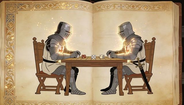 Playing medieval knights rolling dice at illuminated manuscript table with goldleaf borders