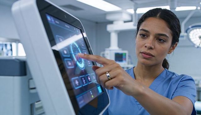 Clinician interacting with touchscreen monitor in operating room for patient monitoring