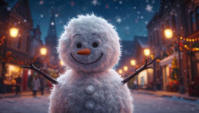 Fluffy Snowman on Festive Historic Street with Holiday Lights