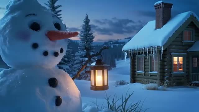 Serene Winter Dusk with Snowman and Lantern by Log Cabin