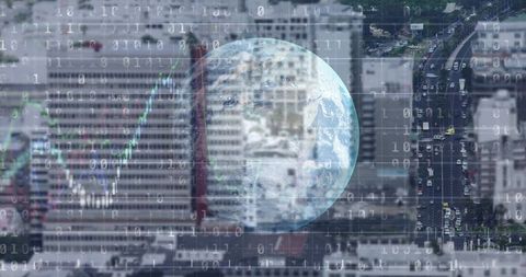 Translucent Earth Hovering Over Urban Skyline, Binary Data and Analytics Graphs Overlay