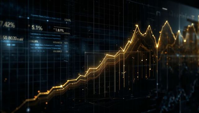 Glowing gold line chart trending upward over dark futuristic financial analytics dashboard