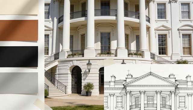 Neoclassical facade with columns, curved balcony, stone steps and color palette swatches