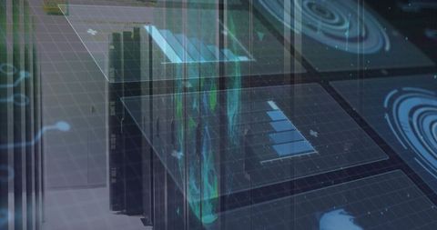 Data center server racks projecting holographic dashboards and analytics overlays