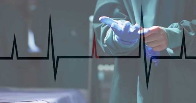 Surgeon in operating room preparing for surgery by putting on gloves, with heartbeat graph overlay adding a sense of urgency and relevance to cardiology. Useful for healthcare, medical presentations, hospital marketing, or educational materials discussing surgical procedures and patient care.