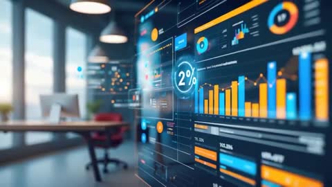 AI-Driven Dashboard Displaying Real-Time Data in Futuristic Office