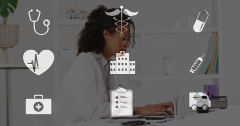 Female Physician Typing on Laptop in Clinic with Medical Icons and Minimalist Workspace