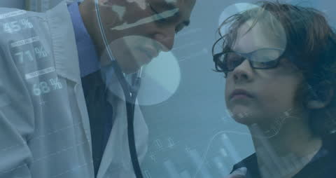 Doctor Examining Child with Futuristic Data Display Overlay