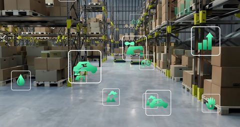 Ecology Icons Overlay on Modern Warehouse Technology Concept