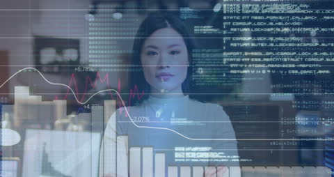 Businesswoman Analyzing Digital Financial Data with Technology holograms.