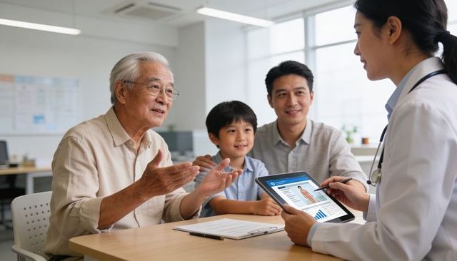 Female doctor consulting multigenerational asian family using tablet during checkup