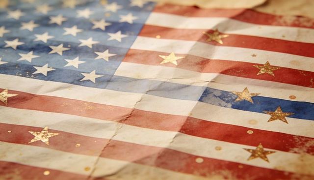 Worn american flag showing gold glitter stars and vintage distressed texture