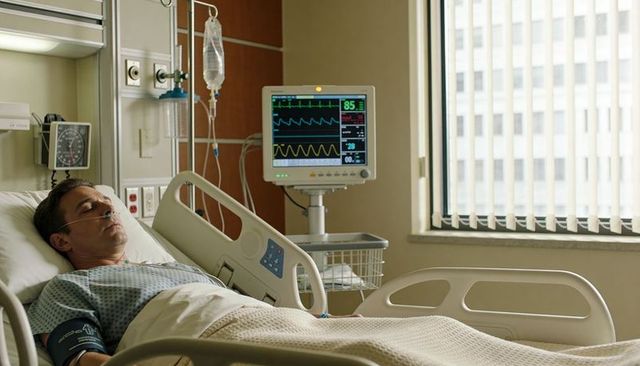 Male patient resting in hospital bed with nasal cannula, iv and cardiac monitor