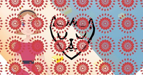 Woman on beach with floating cat face pattern and geometric elements