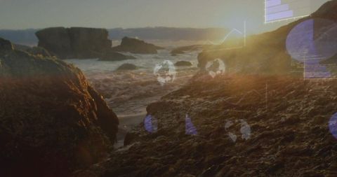 Glistening rocky shoreline with futuristic hud overlays at golden hour