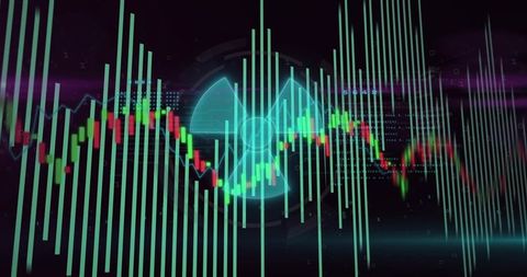 Pulsing neon radiation cyber HUD with candlestick chart and data bars visualization