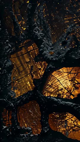 Vertical macro video panning charred amber lattice revealing glowing translucent cavities