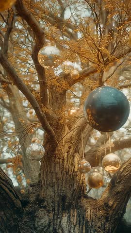 Vertical Forest Cinematic Tilt: Ancient Tree with Hanging Silver and Gold Reflective Orbs