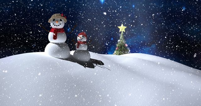 Snowmen and Christmas Tree under Winter Night Sky with Shooting Star - Download Free Stock Images Pikwizard.com