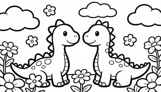 Smiling dinosaurs facing each other in flower meadow black and white coloring page