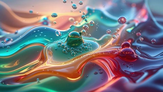 this captivating digital art illustrates fluid waves in vibrant colors interspersed with spherical droplets and bubbles, creating a sense of movement and liveliness. perfect for use in digital media projects, as background images for technological presentations, or as inspiration in creative design work. ideal for projects in need of a lively, colorful, and futuristic theme.