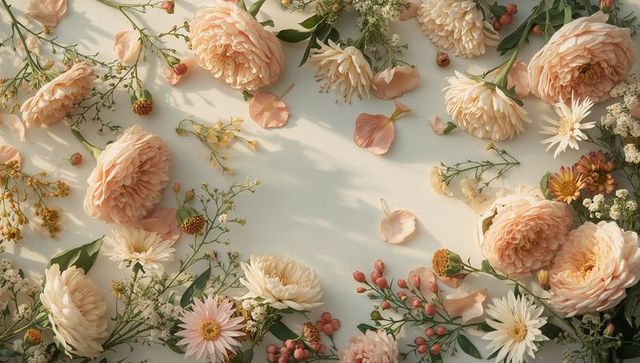 Peach cream floral flatlay framing loose center with peonies, daisies, berries, soft sunlight