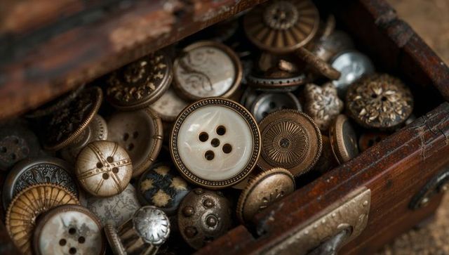 Vintage sewing buttons collection in wooden chest featuring mother-of-pearl center and brass accents