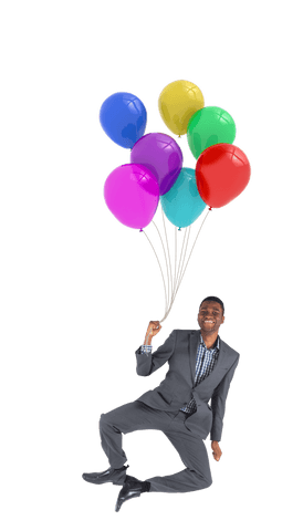Colorful balloons lifting excited man with a transparent background