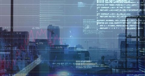 Urban Skyline Blending with Financial Charts, Code Overlay and Analytics Dashboard
