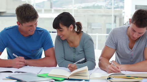 Smiling Friends Collaborating on Homework in Bright Room