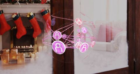 Holographic social network sphere hovering on wood partition in cozy festive living room