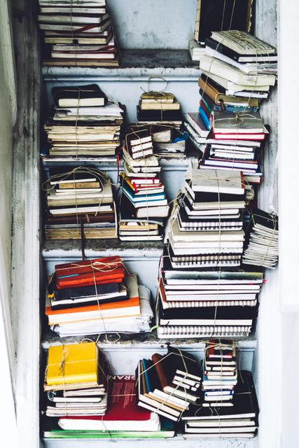 This image shows several bundles of old books and journals tied up and neatly organized on shelves. Perfect for use in contexts relating to libraries, literary collections, reading, historical study, or any concept emphasizing knowledge and organization.