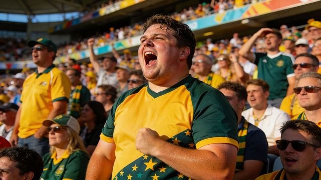 Cheering sports fan in yellow-green jersey celebrating passionately in crowded stadium