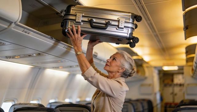 Mature woman stowing silver suitcase in overhead bin on airplane, senior travel lifestyle