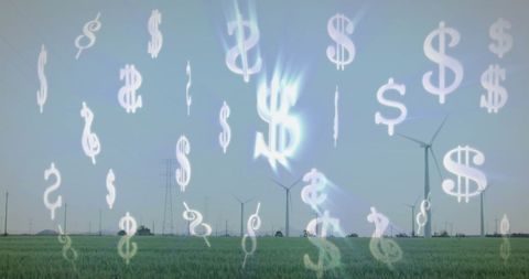 Dollar symbols overlaying wind turbines in sustainable landscape