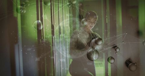 Standing Woman Interacting with Holographic Molecular Network in Neon Server Corridor
