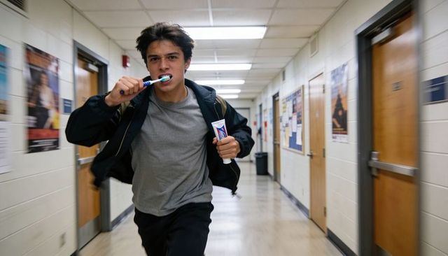 Sprinting teen brushing teeth in school hallway with backpack running late morning rush