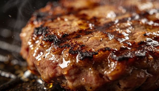 Juicy beef patty sizzling on grill with charred crust, glossy juices and caramelized sear