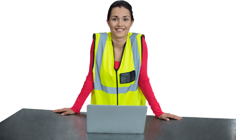 Confident Female Architect in Reflective Apparel at Work Desk Transparent Background
