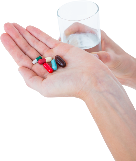 Woman Holding Batch of Pills and Glass of Water Against Transparent Background - Download Free Stock Videos Pikwizard.com