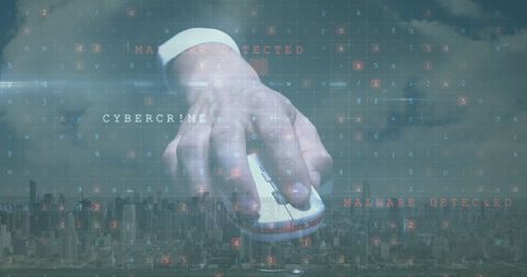 Cyber attack alert with hand and mouse on cityscape