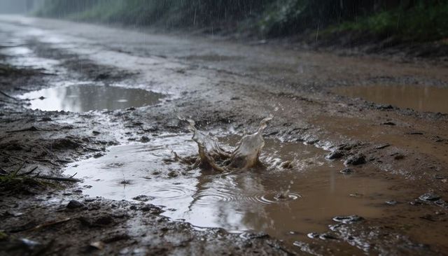 Muddy puddle splash forming crown on rutted dirt road during heavy rain, wet rural trail