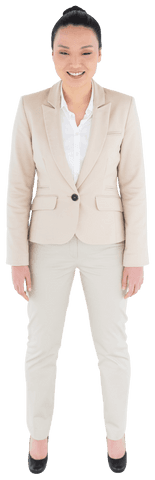 Smiling Asian Businesswoman in Elegant Beige Suit on Transparent Background